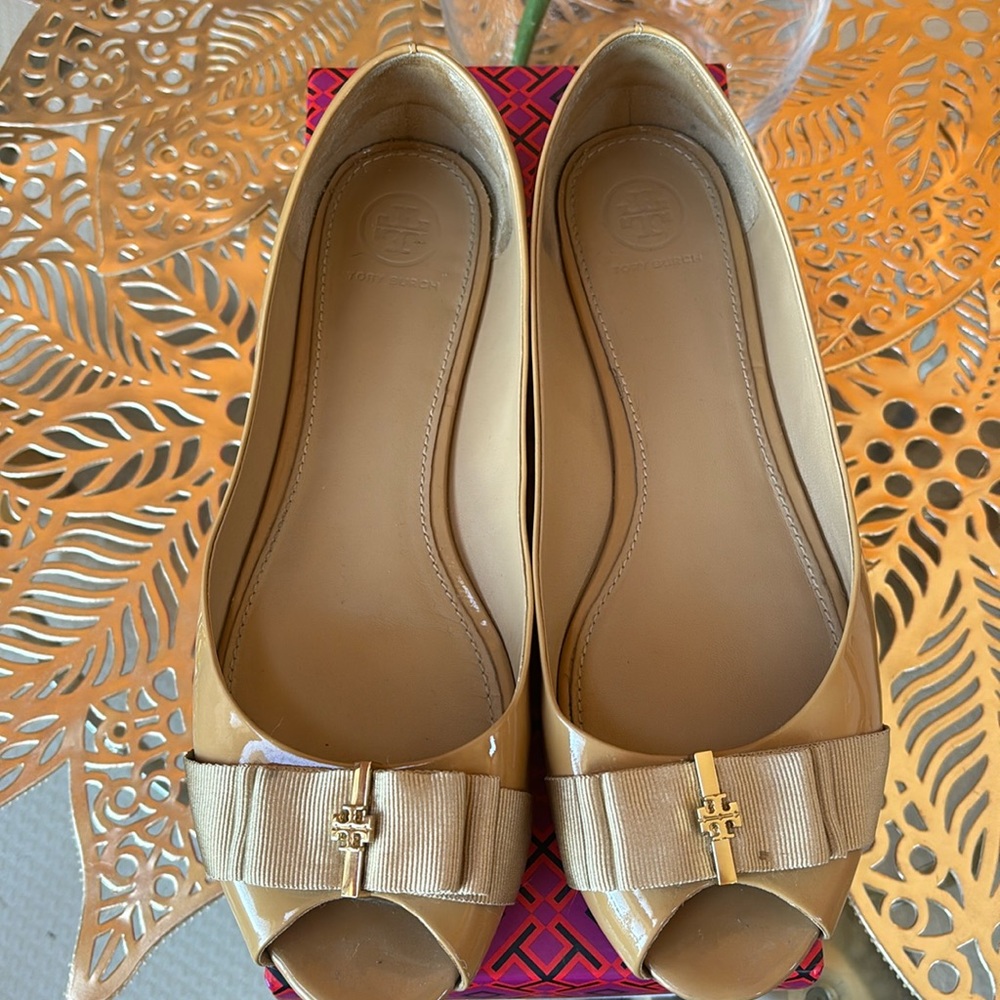 Tory Burch Trudy 15MM Open Toe Wedge soft patent calf Leather 9.5